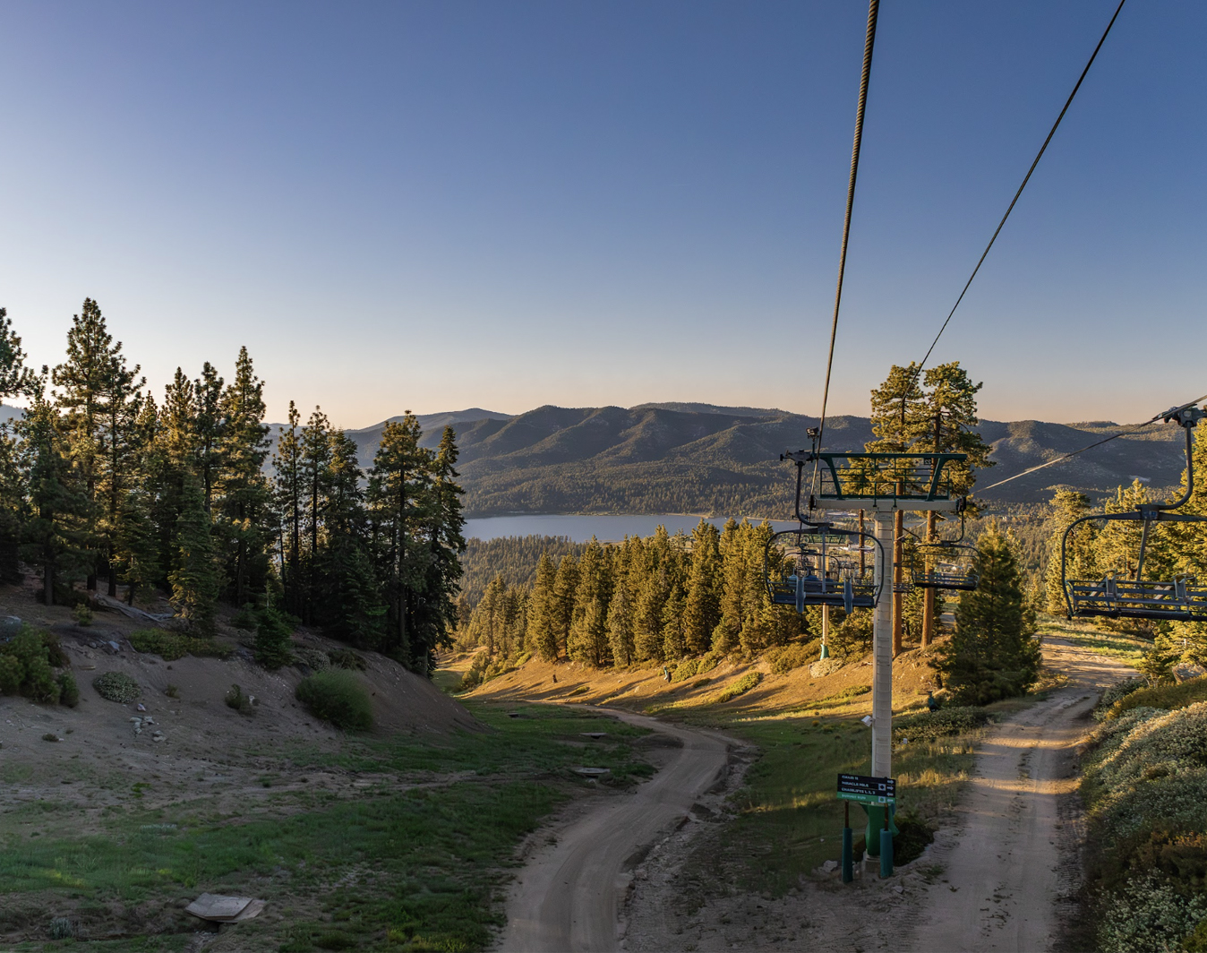 Big Bear Lake seen from a mountain chairlift at sunset